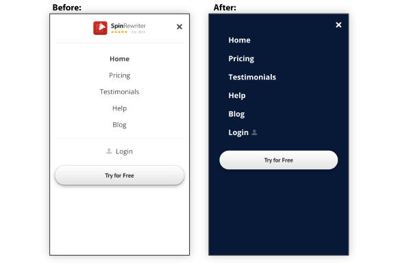 Spin Rewriter - Mobile menus, before and after